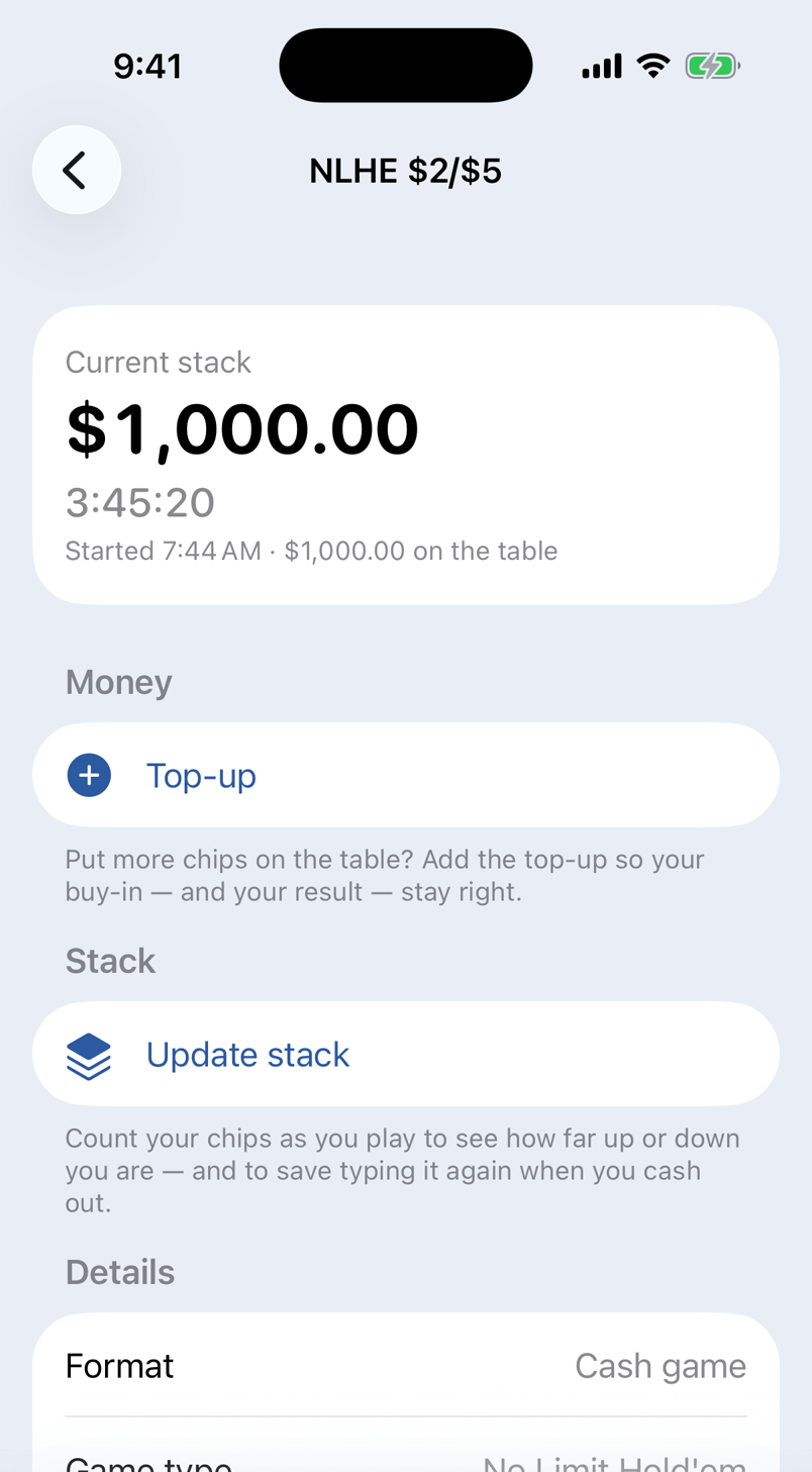 A live session running: current stack $1,000.00, a 3:45:20 timer, and buttons to add a top-up or update the stack.